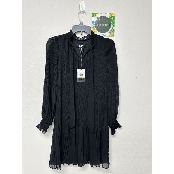 DKNY Women's Petite Tie-Neck Smocked-Cuff Long-Sleeve Dress - Black 4P - Picture 2 of 9